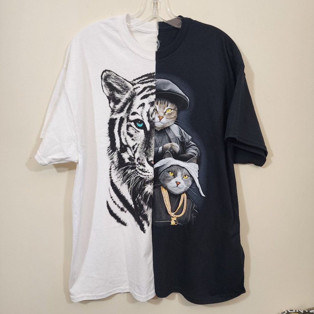 Upcycled NWOT tiger & gangster cats half and half graphic t-shirt men's size XL